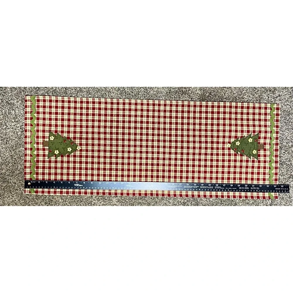 Christmas Tree Table Runner Red Checked Embroidered Country‎ Farmhouse Decor